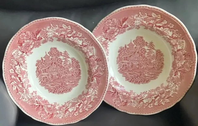 ENOCH WEDGWOOD Avon Cottage Soup Bowls Fluted Edge Red/ White 22 Cm Pair