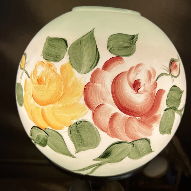 Vtg Hand Painted Green Pink Yellow Roses Glass GWTW Lamp Shade 9”D 4” OD Signed 2