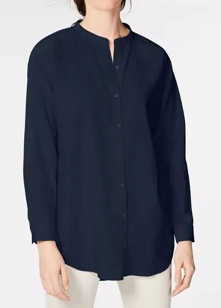 EUC Eileen Fisher Navy Mandarin Collar Button Up Cotton Twill Shirt Tunic Large