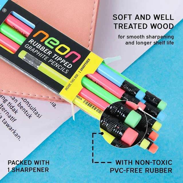 Matite in legno standard in grafite con punta in gomma multicolore neon...