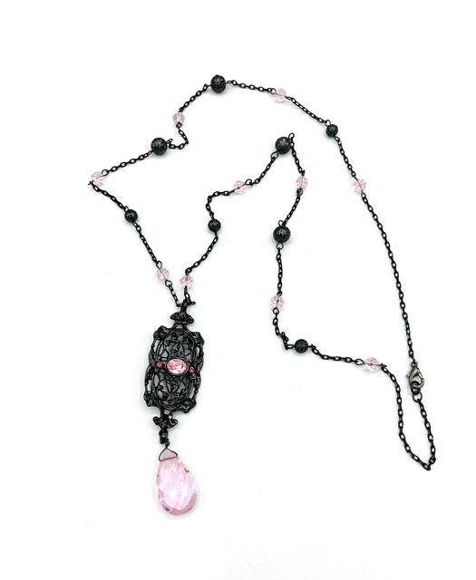 Victorian Style Necklace Pink Glass Teardrop Drop Pendant Long Gothic 34 inch