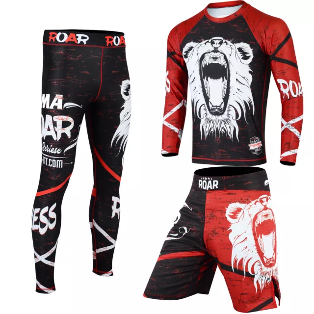 ROAR MMA Rash Guard BJJ Grappling Shorts Gym Fitness Leggings Jiu Jitsu Spats