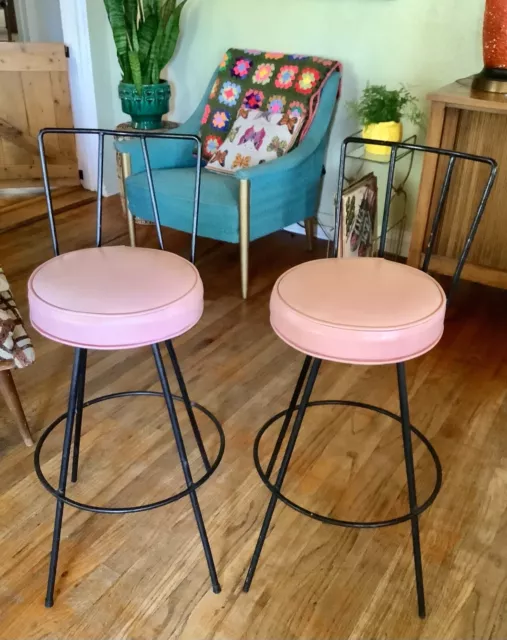 Pair swivel Vintage Mid Century Modern Pink iron Barstools Bar Stools chairs mcm