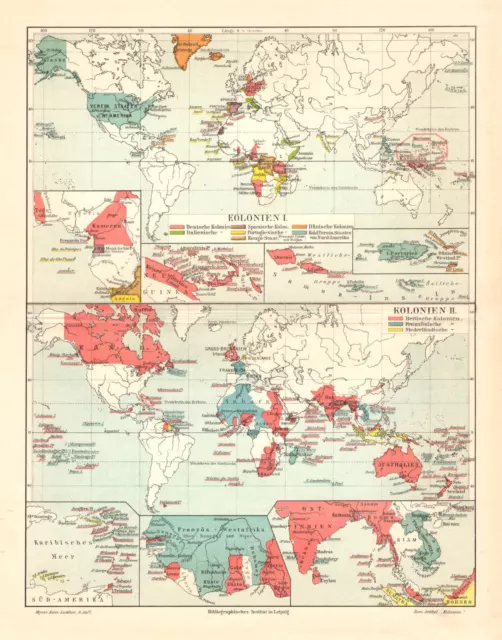Kolonien I. - II. historische Landkarte Lithographie ca. 1905 antike Karte