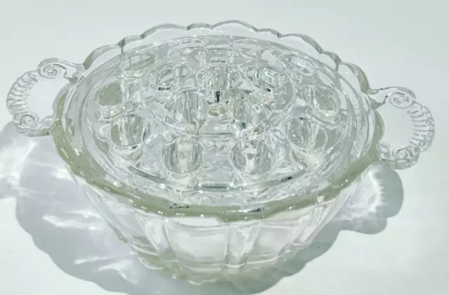 Vtg Art Deco Clear Glass 16 Hole Flower Frog & Bowl Base/Vase Scalloped Edge