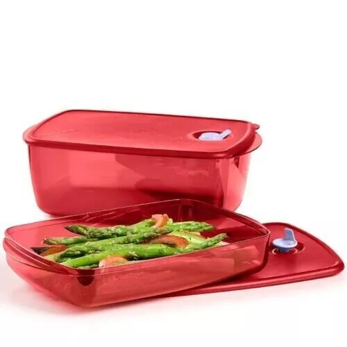 TUPPERWARE NEW RECTANGLE VENT N SERVE SET 2 PC-IN red  COLOR