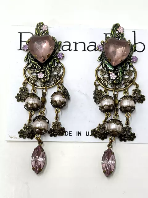 VTG Banana Bob Earrings Dangle Drop Clip Bronze Toned Austrian Crystals 3"