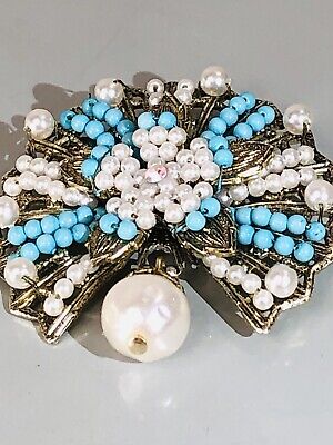 Vintage Brooch Pin With Artificial Seed  Pearls And Turquoise Beads (Japan)