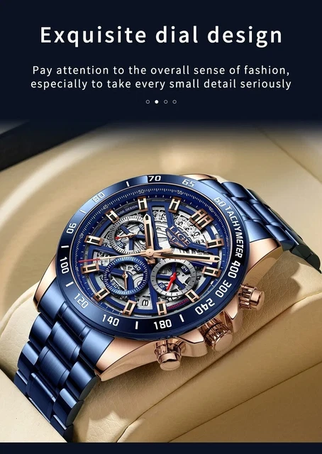 Montre Luxe Homme/Femme Lige - Cadran Doré, Chronographe, Affichage Date - Etanche 30m - Quartz
