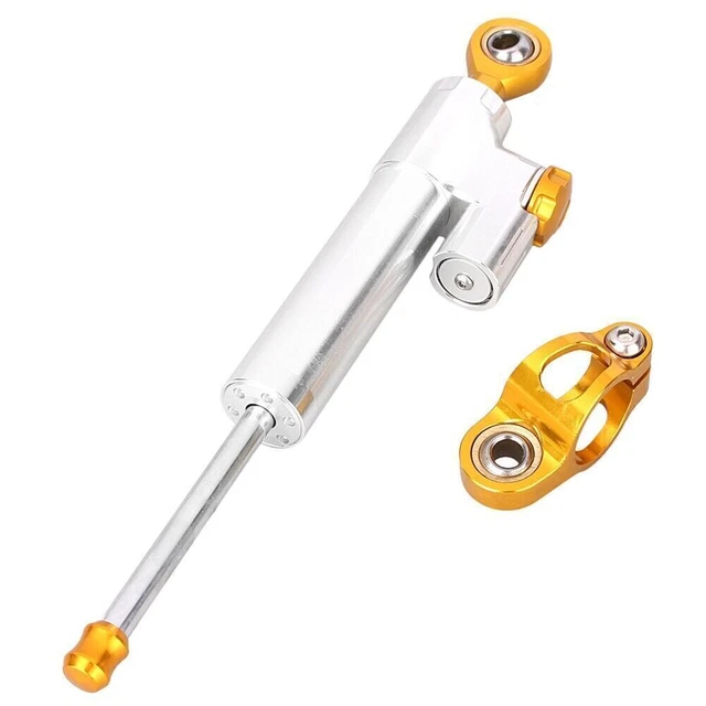 CNC Steering Damper Universal Adjustable Stabilizer Silver+Gold Bar