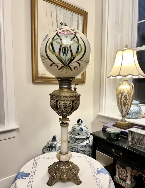 Antique Art Nouveau Gwtw Banquet Lamp Hand Painted Floral Glass Shade Onyx Brass