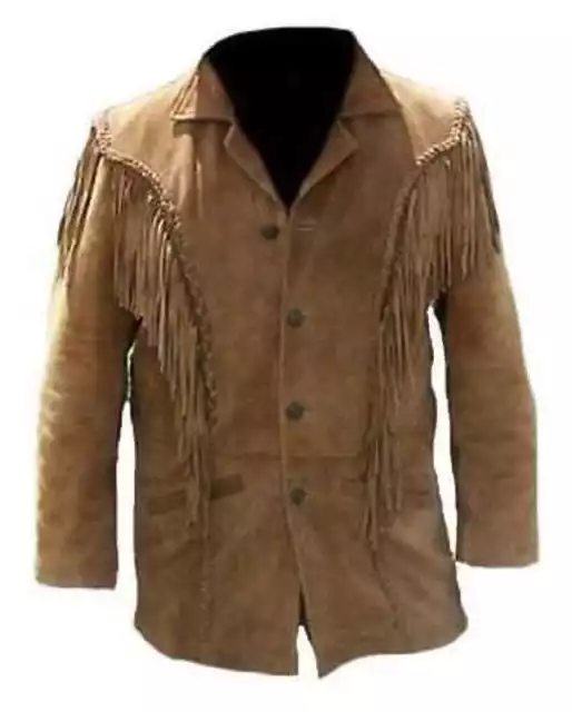 Men Tan Brown Suede Western Cowboy Leather Jacket With Fringe