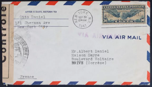 Mayfairstamps US 1941 New York to Brive Correze Censored WWII cover aah_99151