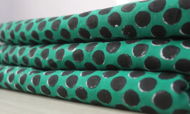 0.9m Indien Main Bloc Vert Noir à Pois Coton Couture Artisanat Tissu GB