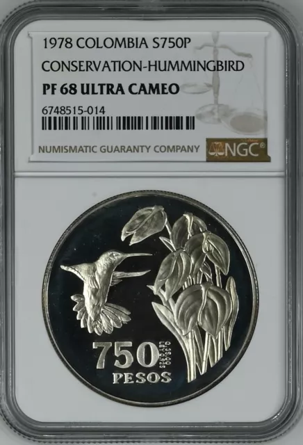 COLOMBIA 750 Pesos 1978 Silver NGC PF68 UC Conservation Hummingbird