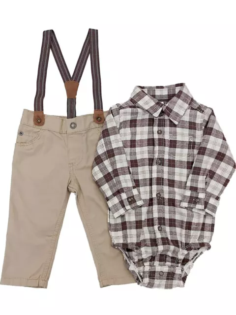 Carters Infant Boys Brown Plaid Outfit Bodysuit Suspenders & Tan Khaki Pants