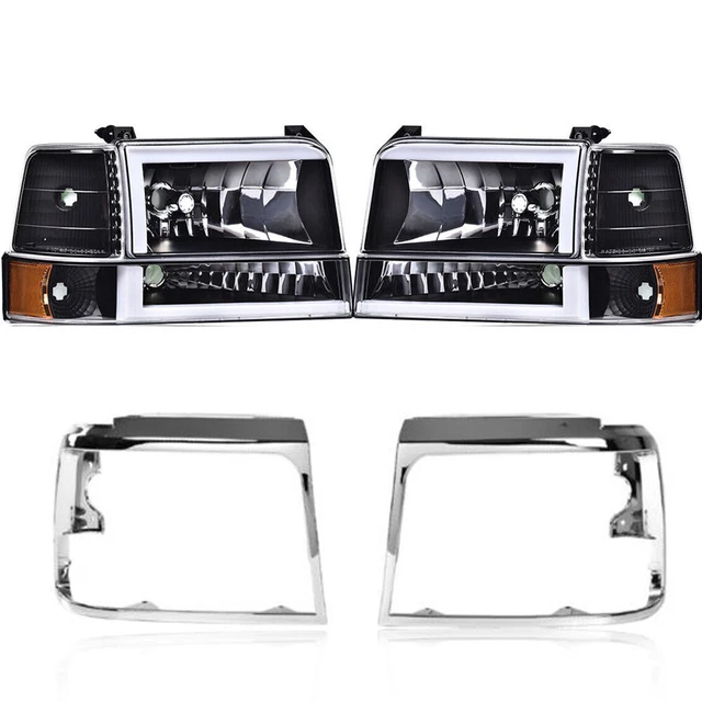 Fit For 92-96 F150/F250 DUAL LED Black Headlights + Chrome Head Lamps Door Bezel