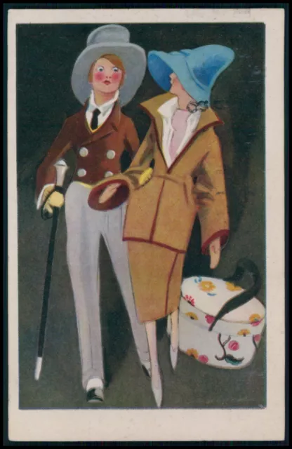 unsigned Art Deco couple shopping romance original old 1920s postcard