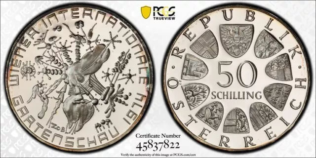 1974 PCGS PR68 DCAM | AUSTRIA Silver Vienna Flower Show 50 Schilling Coin 39904A