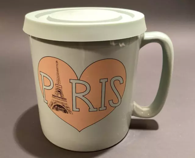 The Old Pottery Company "Paris" Eiffel Tower Lidded Coffee Mug Green/Gold 24 oz.