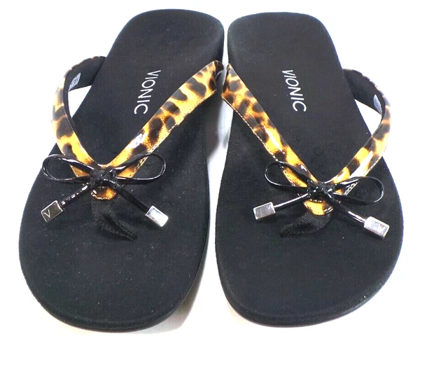 VIONIC SANDALS WOMENS SZ 11 Black / Leopard Bella II Flip Flop Thong