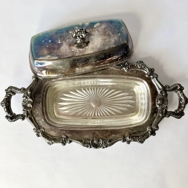 Vintage Silver Plated Butter Dish with Lid & Glass Insert Serving Ware