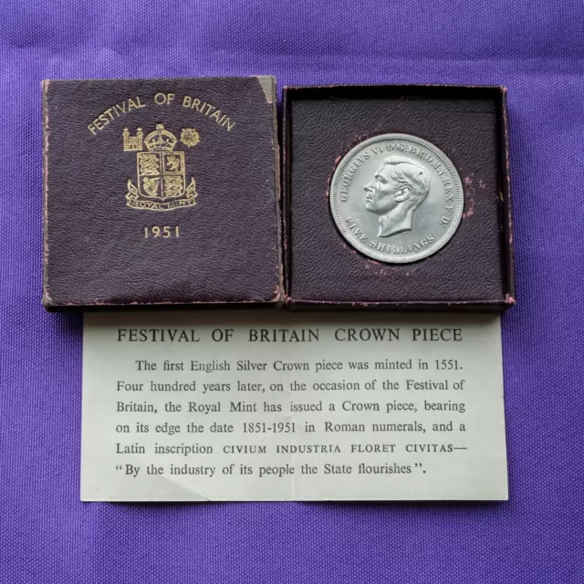 1951 Festival of Britain Silver Coin, George VI, in Original Box w/ Document