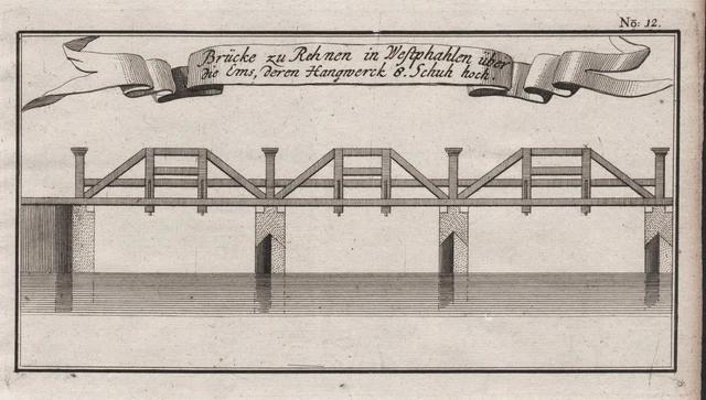 Rheine Ems Ponte Di Renania Incisione Engraving 1735