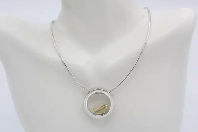 Movado Heart in Circle Pendant Necklace 925 Sterling Silver & 18K Gold 17" Long
