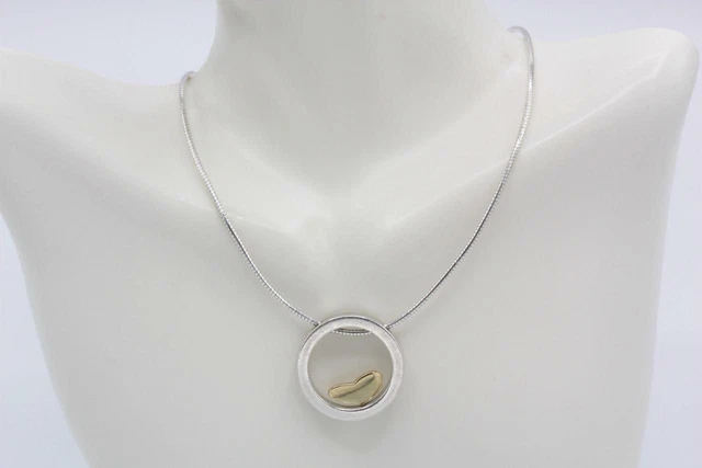 Movado Heart in Circle Pendant Necklace 925 Sterling Silver & 18K Gold 17" Long Movado Heart in Circle Pendant Necklace 925 Sterling Silver & 18K Gold 17" Long