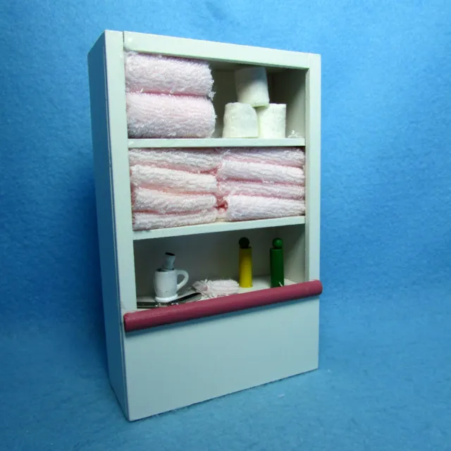 Dollhouse Miniature Wood Bathroom Linen Cabinet Cupboard Filled in Pink IM65247P