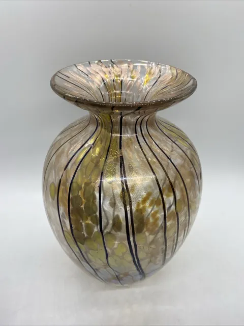 Signed Tim Lazer Gold Flecks 7.5” Studio Art Glass Vase modern Abstract