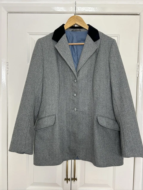 Saddle Master Tweed Showing Jacket Blue Grey Velvet Collar Size 40 Herringbone