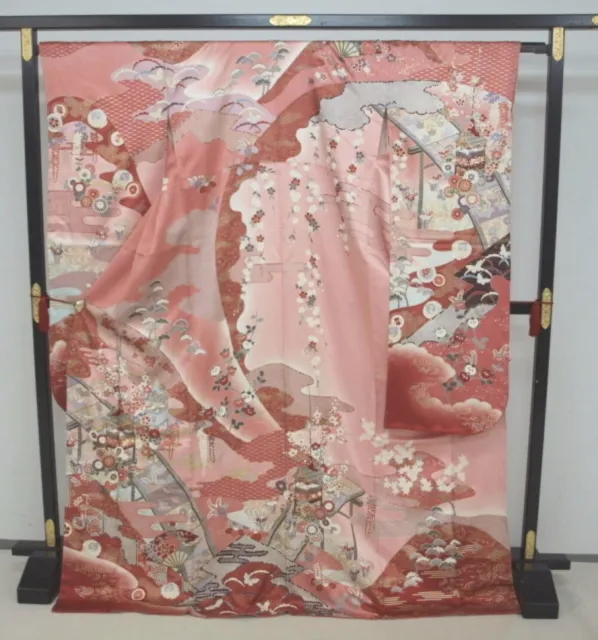 Woman Japanese Kimono Furisode Taiko Bridge weeping cherry blossoms from japan