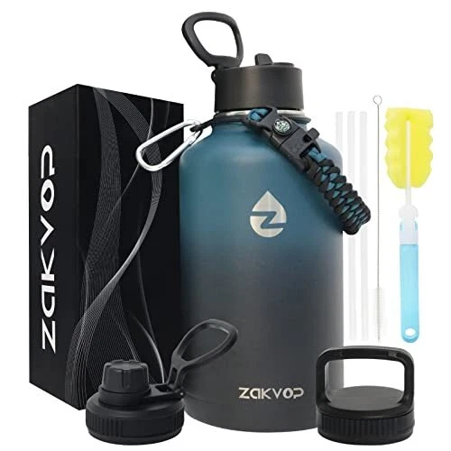 Botella de agua aislada de 2 L con pajitas y 3 tapas, agua de acero inoxidable