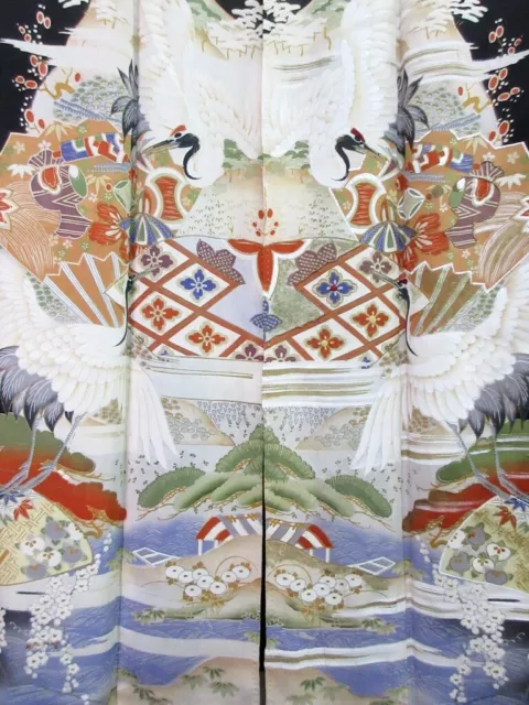 8163B1 Silk Vintage Japanese Kimono Tomesode Hand painted Crane Birds