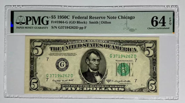 UNITED STATES 1950C $5, FRN CHICAGO. FR Number: 1964-G. PMG Graded: 64 EPQ.