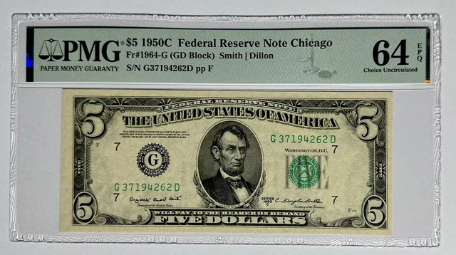 UNITED STATES 1950C $5, FRN CHICAGO. FR Number: 1964-G. PMG Graded: 64 EPQ.