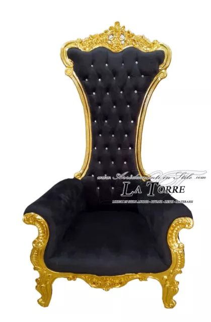 Trono Sedia Poltrona classico Barocco foglia oro tessuto velluto nero LT3048