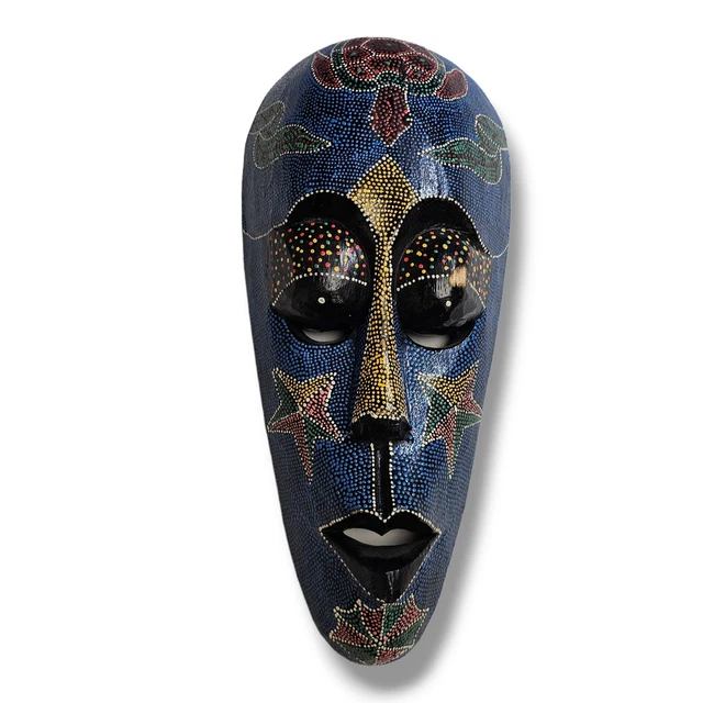 Vintage African Dot Tribal Wood Mask Bohemian Art Mask Ghana Late 20th Century