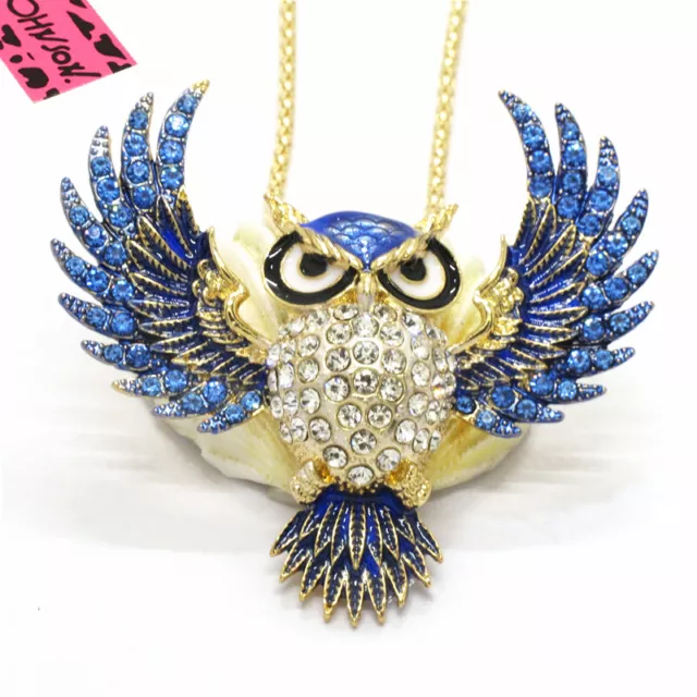 Hot Blue Enamel Cute Owl Animal Crystal  Fashion Lady Pendant Women Necklace