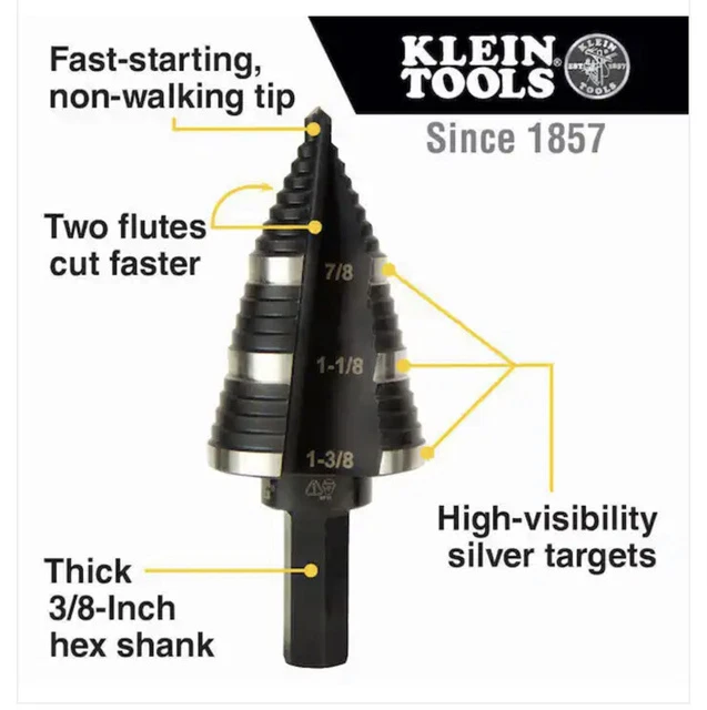 Klein Tools Step Drill Bit #15 Double Fluted 7/8 to 1-3/8-Inch # KTSB15 2