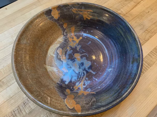 Large Stoneware Pottery Bowl Blue Orange Brown