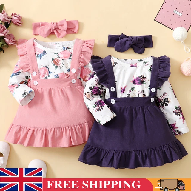 3Pcs Newborn Baby Girls Ruffles Romper Floral Cute Party Outfits Headband Set UK