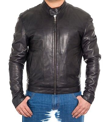Mens New Black Leather Casual Smart Zipped Collarless Light Weight Biker Jacket