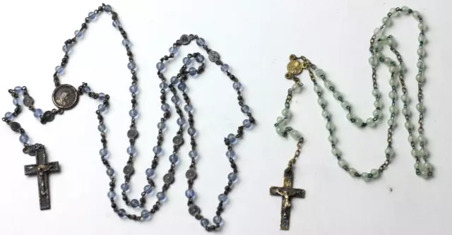 Set of 2 Antique French Rosary with Blue White Glass Beads St Therese Our Lady