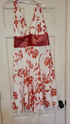 CARMEN MARC VALVO CMV Halter Neck A-line Dress Silk Red & White W/Sequins 10 EUC