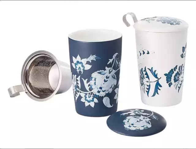 Luna Blanco Con Azul Taza de Té Doble Pared Con Tamiz Y Tapa