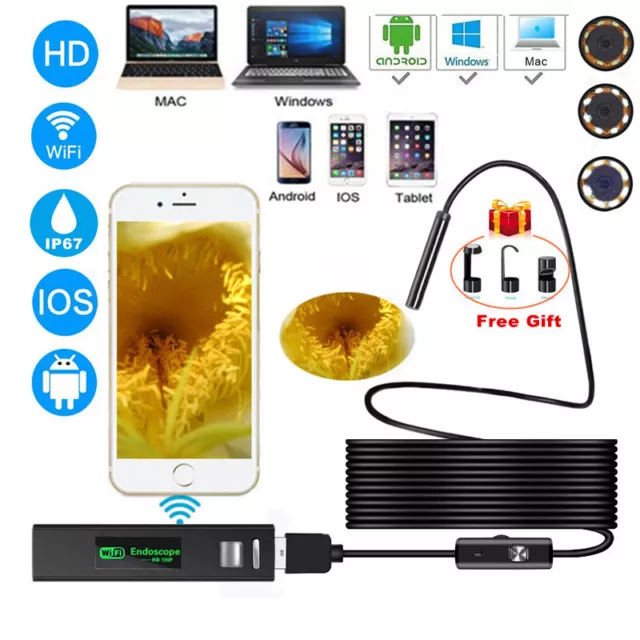 HD 8 LED Endoscope Borescope Inspection WiFi Camera Scope For iPhone Android PC