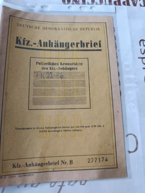 DDR Anhänger Kfz Brief HP 280 Baujahr 1973